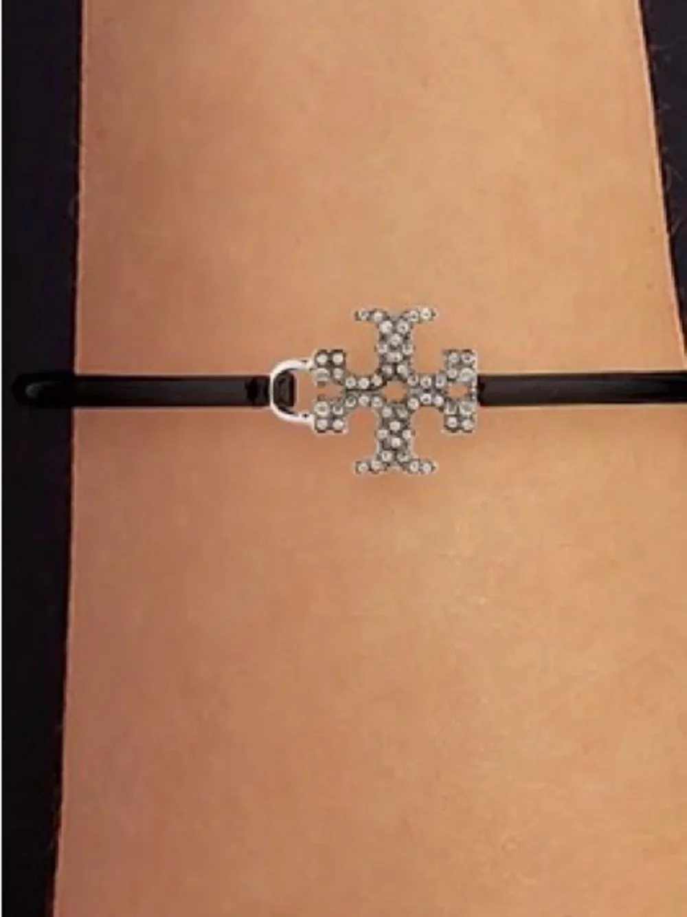 NWT Tory Burch Eleanor Pavé Double T Black Enamel Cuff Bracelet